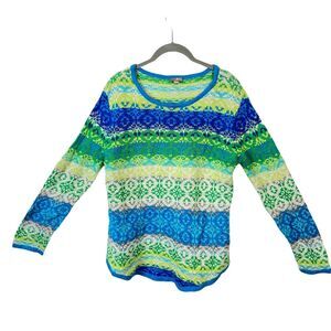 J. Jill Pullover Sweater Women's Green Blue Fair Isle Wool Blend Round Hem SZ S